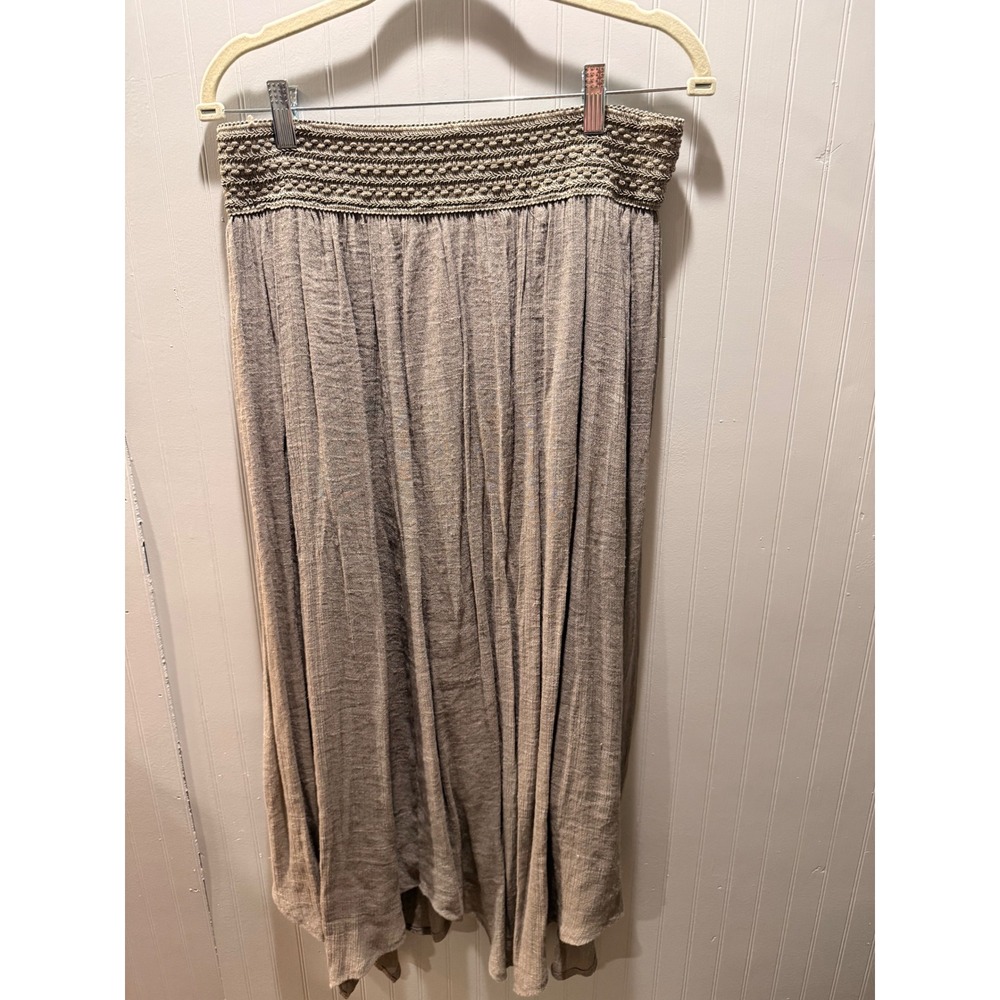 New Directions Womens Taupe Tan Boho Crochet Waist Maxi Skirt L Handkerchief Hem